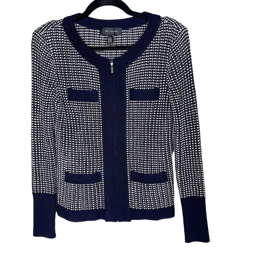 St. John 4 Navy Blue White Textured Knit Cardigan Sweater Zip Front Cotton Wool
